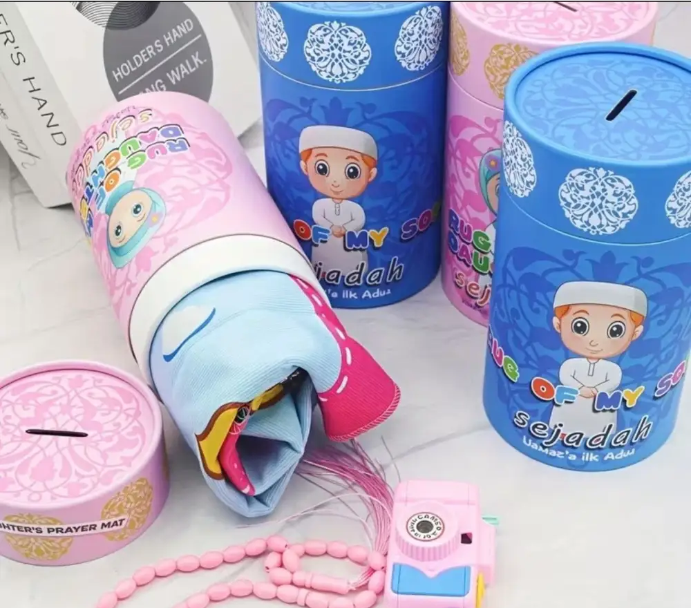 Blue cylindrical storage jar with white patterns and boy in traditional attire for islamic prayer rug set kids