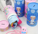 Blue cylindrical storage jar with white patterns and boy in traditional attire for islamic prayer rug set kids