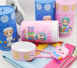 Pink cylindrical storage jar with girl in blue headscarf and sugar of my daughter text for small prayer mat set