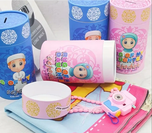 Pink cylindrical storage jar with girl in blue headscarf and sugar of my daughter text for small prayer mat set