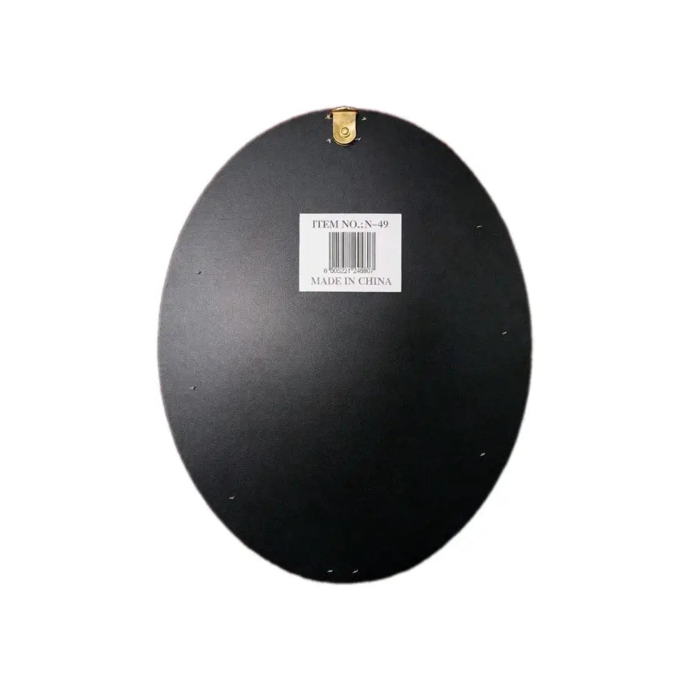 Black oval-shaped wall mirror with matte finish and gold bracket in islamic wall art calligraphy black and white wood design