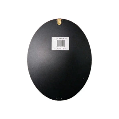 Black oval-shaped wall mirror with matte finish and gold bracket in islamic wall art calligraphy black and white wood design