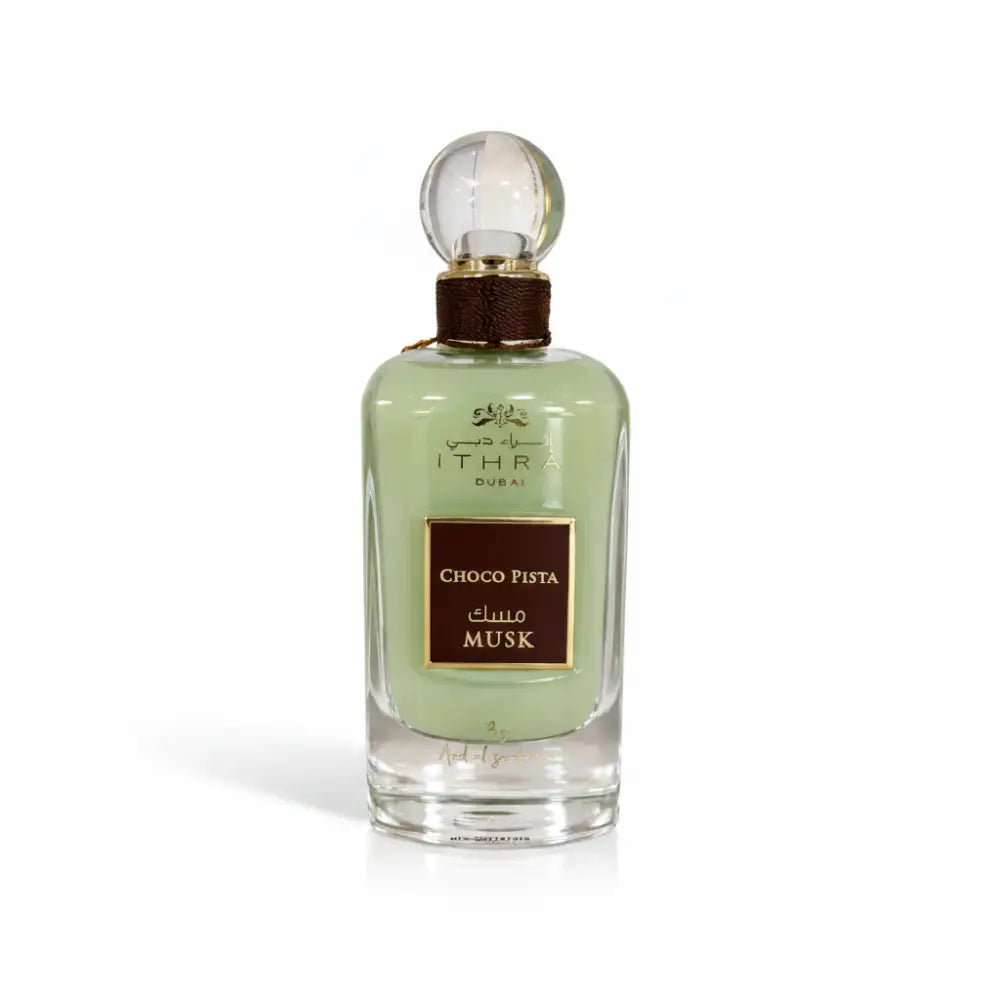 Perfume bottle labeled 'Choco Pista Musk' by Ithra on a white background