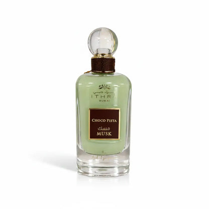 Perfume bottle labeled 'Choco Pista Musk' by Ithra on a white background