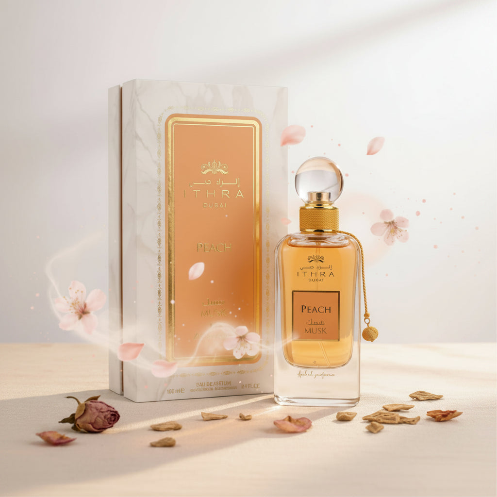 A sleek amber-hued ithra dubai musk peach eau de parfum 100ml with gold embossed label and clear glass stopper
