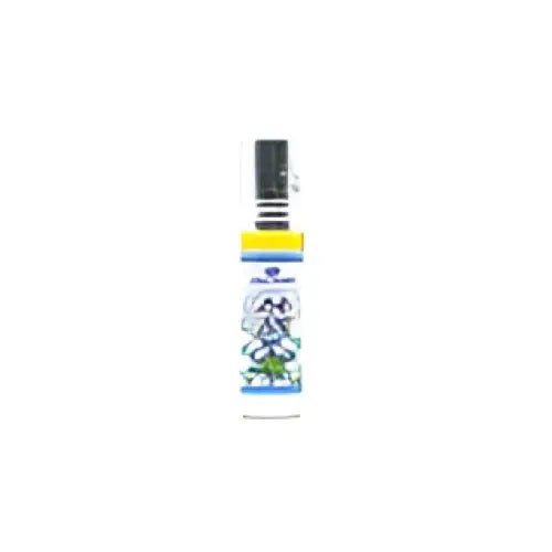 A sleek transparent glass bottle with a silver cap and blue floral label containing jasmin concentrated perfume oil 6ml al rehab