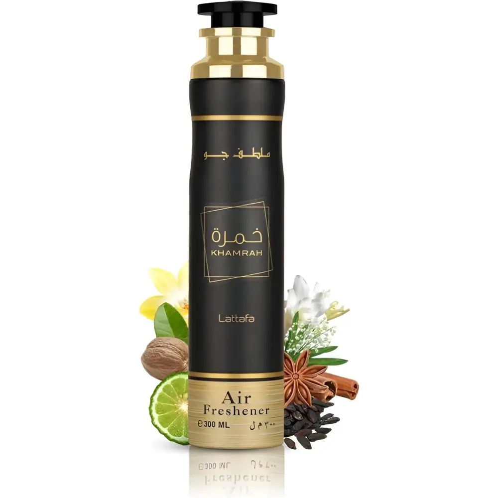 Khamrah air freshener 300ml: black and gold cylindrical bottle with Arabic script