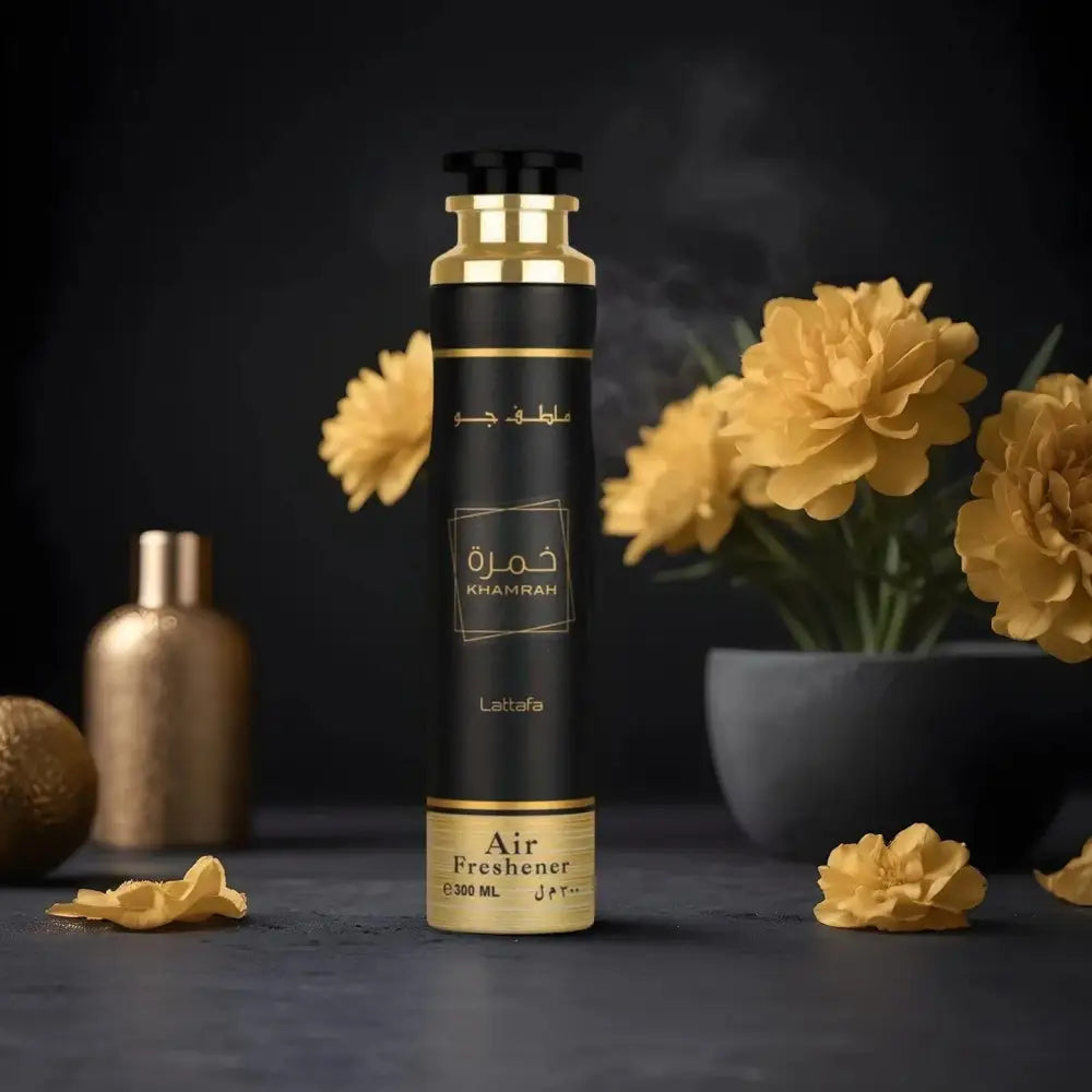 Black and gold Khamrah air freshener 300ml bottle by Lattafa
