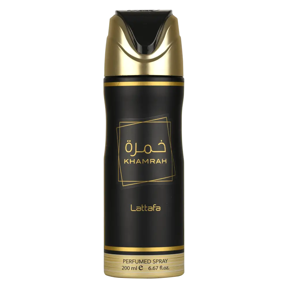 Black and gold khamrah lattafa gourmand oriental perfumed body spray in 200 ml aerosol can for daily use