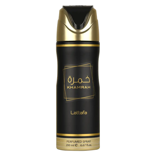Black and gold khamrah lattafa gourmand oriental perfumed body spray in 200 ml aerosol can for daily use