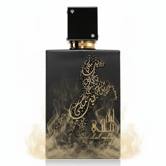 Black perfume bottle with gold horse design on a white background