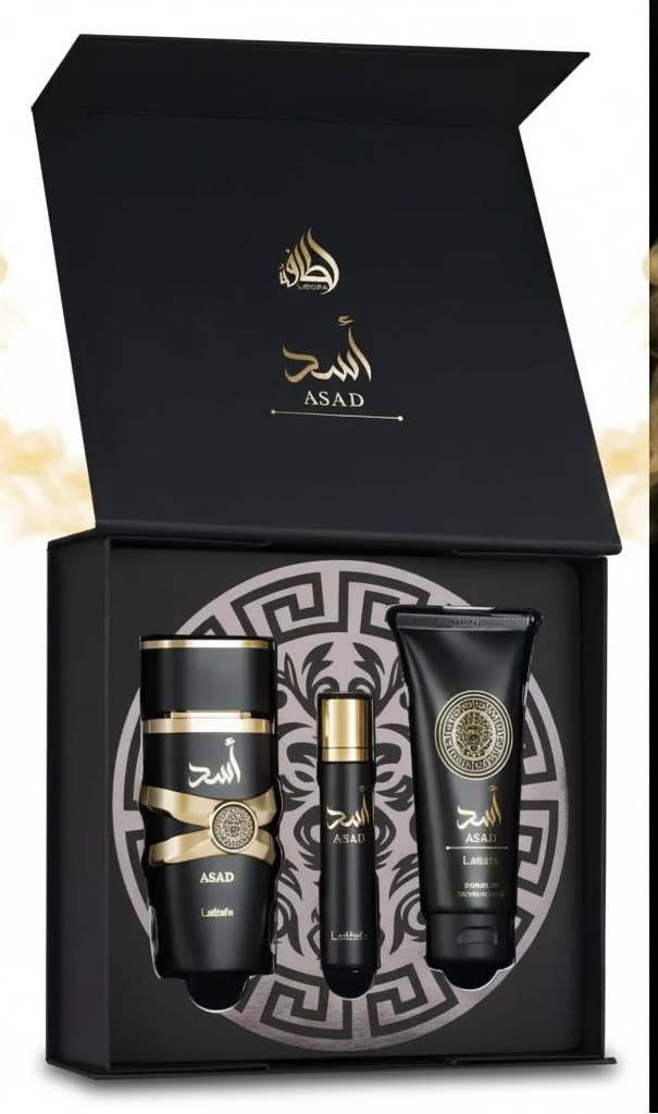 Black and gold asad lattafa luxury gift set with 100ml edp, 20ml travel spray, and 100ml body shower in elegant box