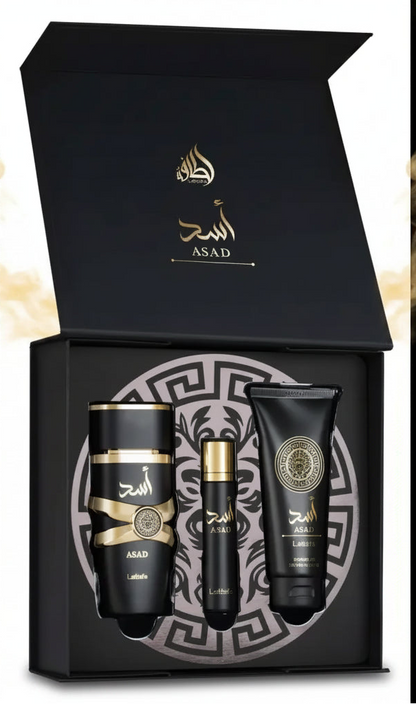 Black and gold asad lattafa luxury gift set with 100ml edp, 20ml travel spray, and 100ml body shower in elegant box