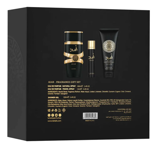 Black and gold asad lattafa gift set with 100ml edp, 20ml travel spray, and 100ml body shower in elegant packaging