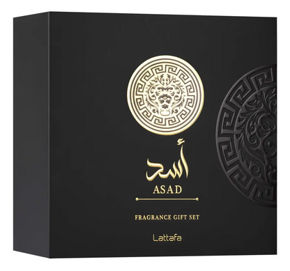 Black rectangular gift set box with gold embossed lion head emblem and arabic script for asad by lattafa including travel spray and body shower