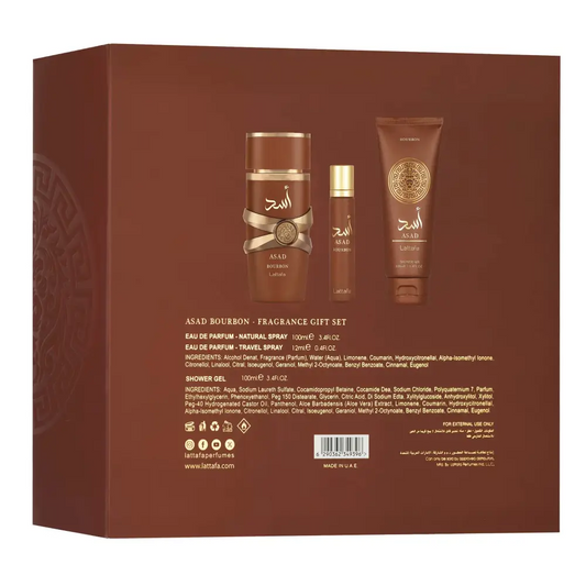 Lattafa Gift Set – Asad Bourbon 100ml EDP + 12ml + Body Shower