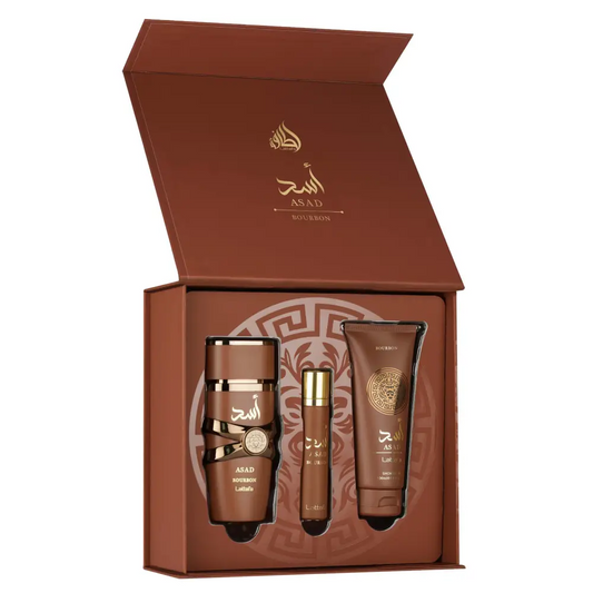 Brown cosmetic set with 'ASAD' branding in a decorative box