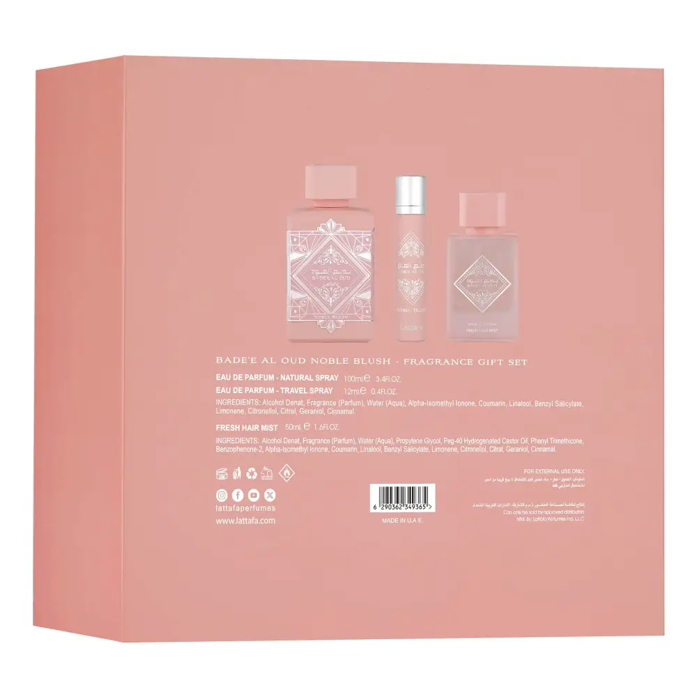 Bader Al Oud Noble Blush fragrance gift set packaging on a pink background