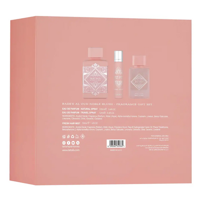 Bader Al Oud Noble Blush fragrance gift set packaging on a pink background