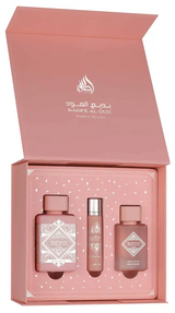Babyl Al Oud perfume set with three bottles in a pink box on a white background