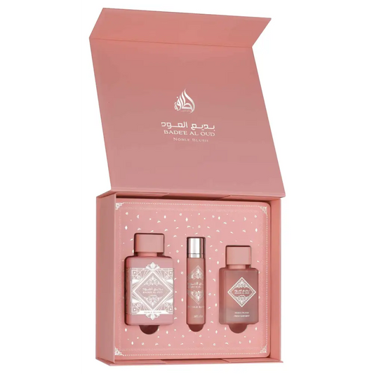 Babyl Al Oud perfume set with three bottles in a pink box on a white background