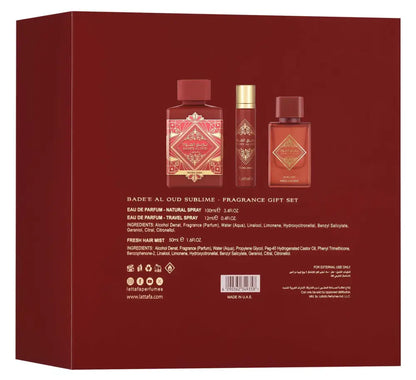 Lattafa gift set with red and gold ornate perfume bottles featuring oud sublime 100ml edp 12ml and hair mist