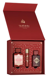 Red velvet gift set containing three badee al oud sublime perfumes including 100ml edp and 12ml hair mist