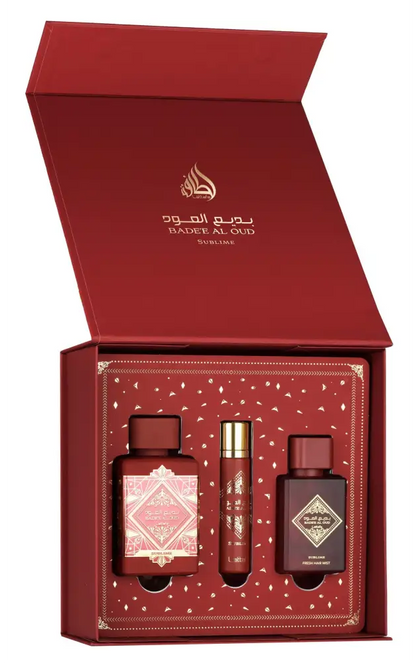 Red velvet gift set containing three badee al oud sublime perfumes including 100ml edp and 12ml hair mist