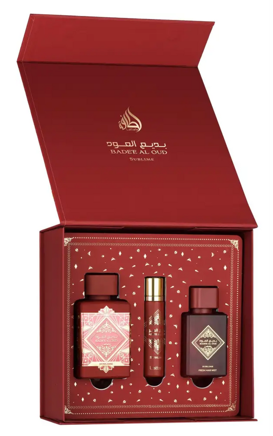 Red velvet gift set containing three badee al oud sublime perfumes including 100ml edp and 12ml hair mist