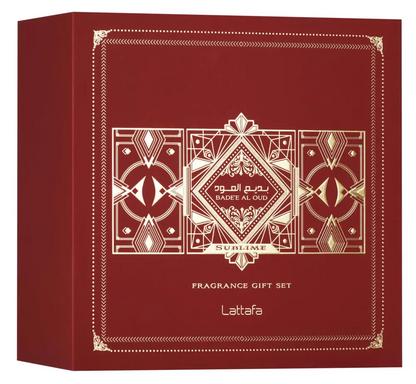 Deep red lattafa gift set box with gold patterns for badee al oud sublime 100ml edp hair mist and 12ml bottle