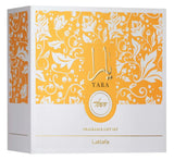 Lattaafa Yara fragrance gift set packaging with decorative yellow and white design.