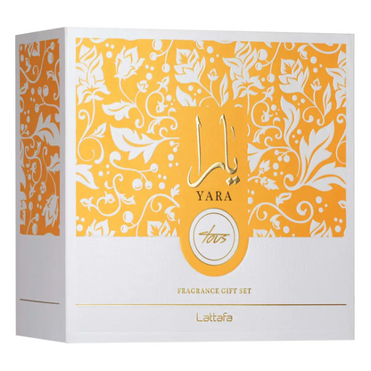 Lattaafa Yara fragrance gift set packaging with decorative yellow and white design.