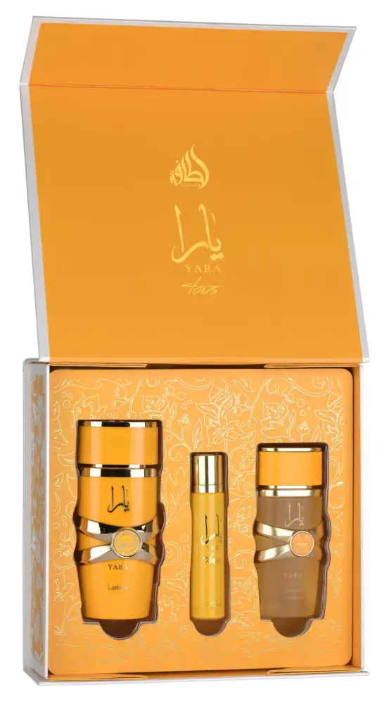 Three bottles in a decorative box with an orange background