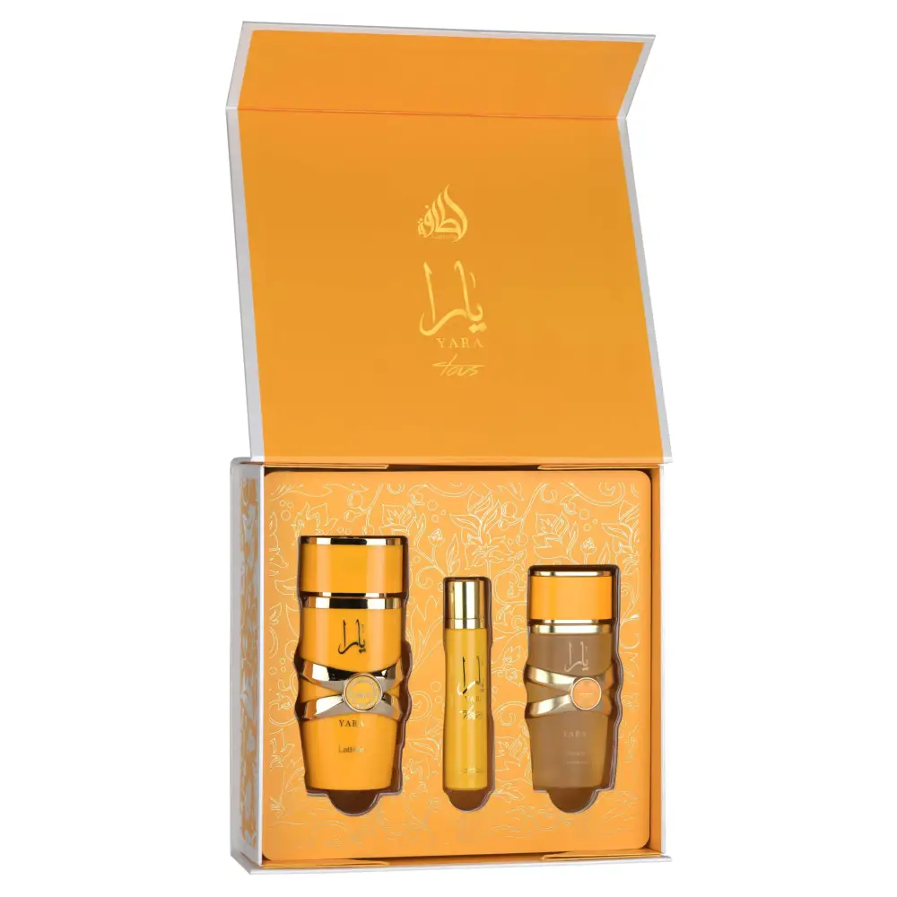 Three bottles in a decorative box with an orange background