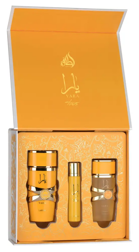 Three bottles in a decorative box with an orange background