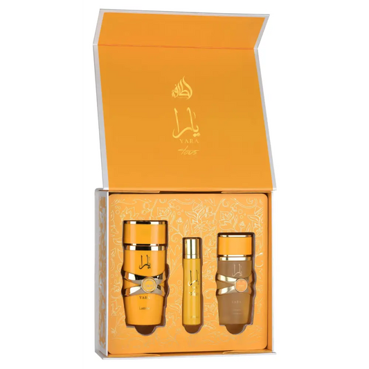 Three bottles in a decorative box with an orange background