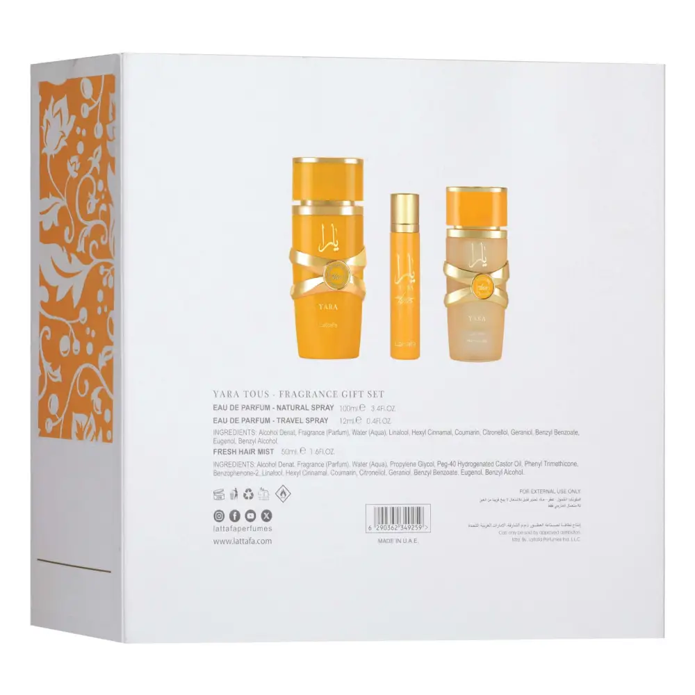 Yara Thous fragrance gift set packaging with three bottles on a white background