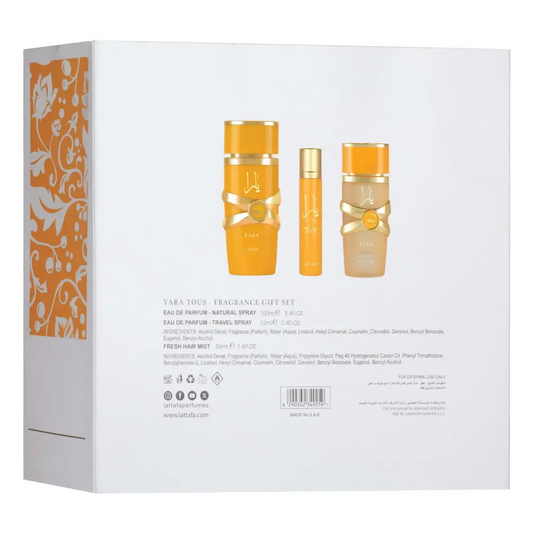 Yara Thous fragrance gift set packaging with three bottles on a white background
