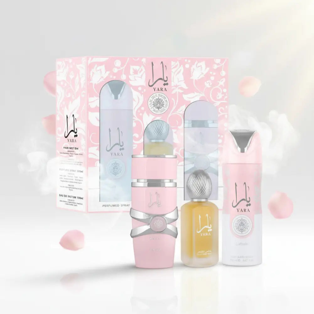 Yara perfume set with pink and silver bottles on a white background