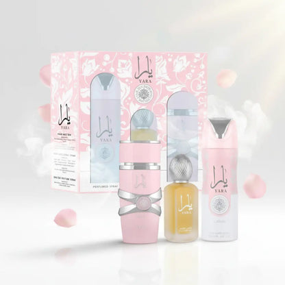 Yara perfume set with pink and silver bottles on a white background