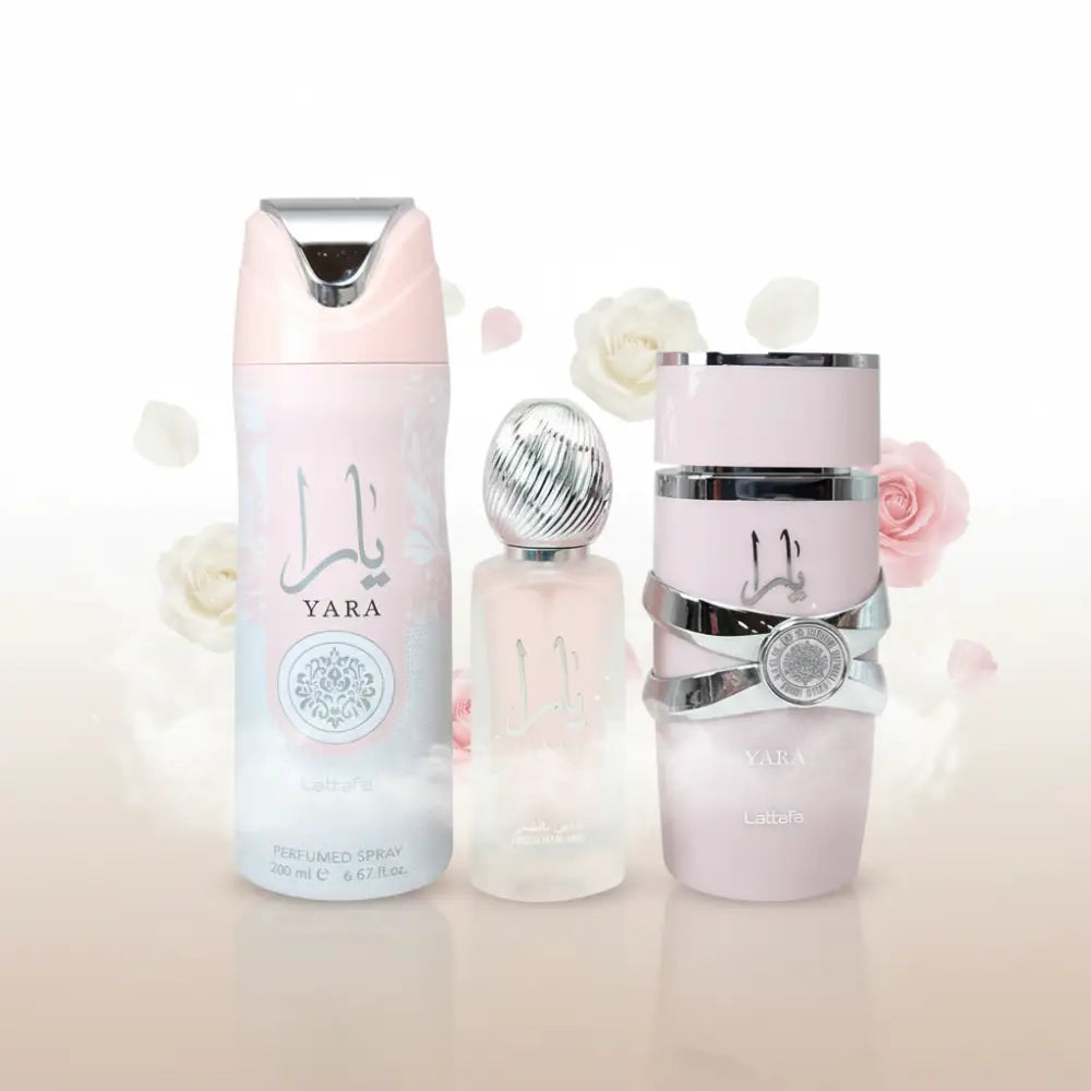 Three Yara Lattafa perfume bottles on a white background