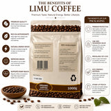 A 1000g bag of limu coffee organic arabica medium roast with beige and brown design and dark roasted beans images