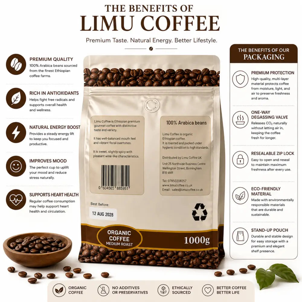 A 1000g bag of limu coffee organic arabica medium roast with beige and brown design and dark roasted beans images