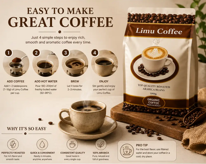 A bag of limu coffee organic arabica medium roast 1000g with a white and brown design and coffee cup image