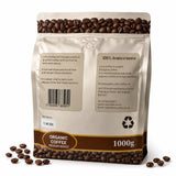 A 1000g bag of Limu Coffee organic arabica medium roast beans with metallic silver and brown packaging