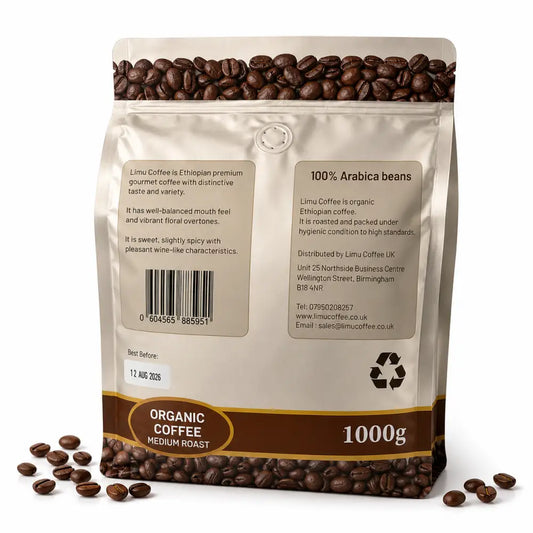 A 1000g bag of Limu Coffee organic arabica medium roast beans with metallic silver and brown packaging