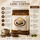 A brown and cream bag of limu coffee featuring organic arabica medium roast with a latte and leaf art in a white cup