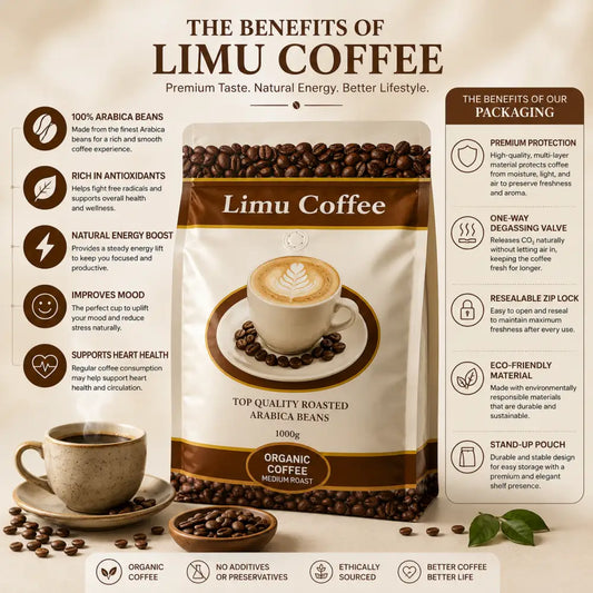 A brown and cream bag of limu coffee featuring organic arabica medium roast with a latte and leaf art in a white cup