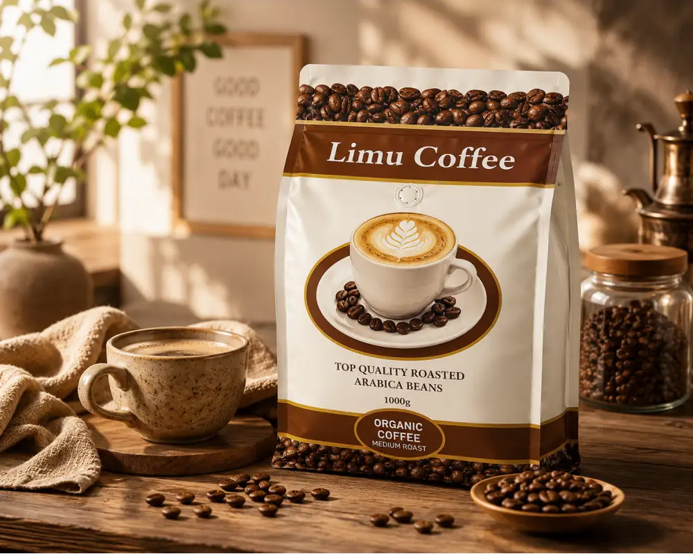 A white and brown bag of Limu Coffee Ethiopian organic arabica medium roast 1000g with latte art label
