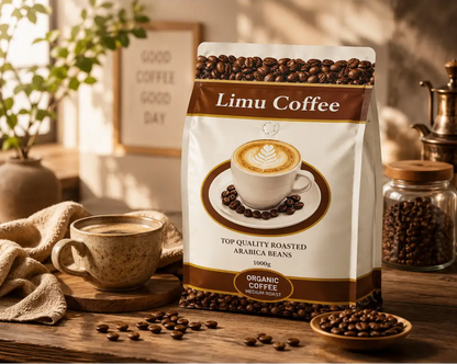 A white and brown bag of Limu Coffee Ethiopian organic arabica medium roast 1000g with latte art label